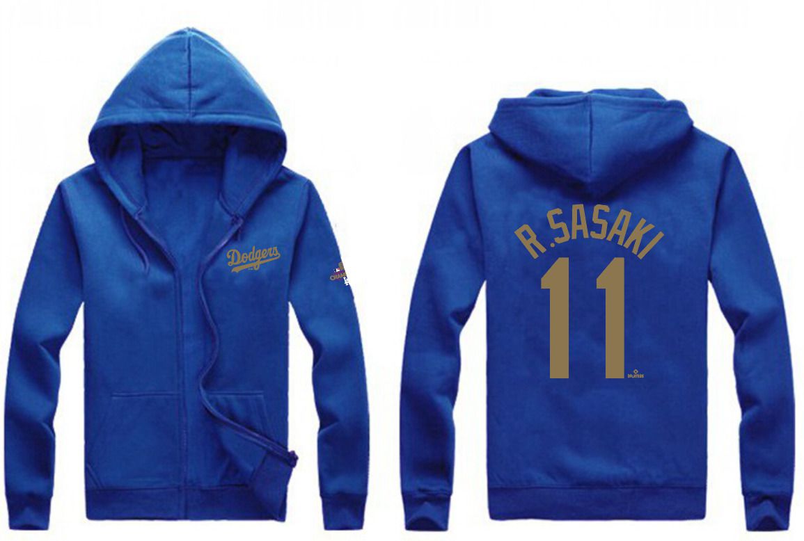 Men Los Angeles Dodgers 11 R.Sasaki Blue Zipper hoodie 2025 MLB Jersey style 1